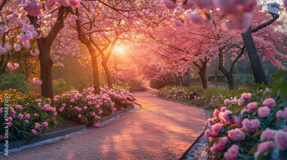 Poster the suns golden rays shine through the lush pink trees and vibrant flowers, creating a magical and e