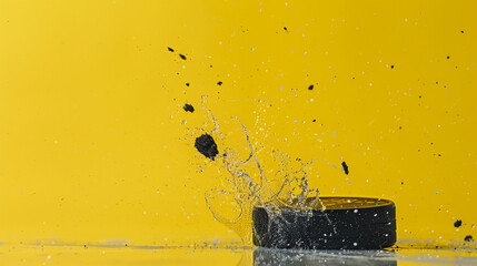 A close-up of a hockey puck in mid-air, struck with force, against a striking yellow background, the details captured with realistic clarity in - obrazy, fototapety, plakaty