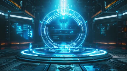 Background podium 3d light game circle blue neon stage screen hologram platform. Virtual 3D podium hud design technology background portal cyber tech cyberpunk digital element show space future room
