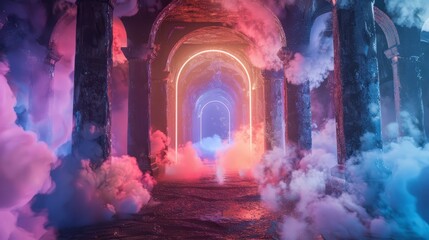 Background with neon glow and thick puffs of smoke. Round arches of digital portal. Mystical scenery with empty space