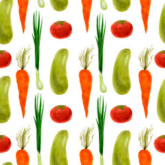 Vegetable seamless pattern in watercolor, hand drawn. Onion, tomato, zucchini, carrots. For kitchen textiles, wallpaper, menu