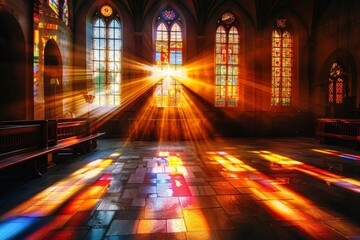 Morning light filters through vibrant stained glass, casting a mosaic of colors across the cathedral interior