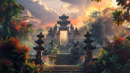 Balinese temple entrance, pagoda, oriental landscape, digital art
