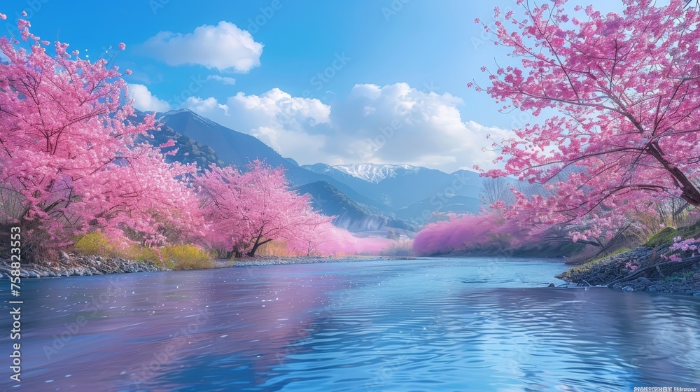 Poster a serene river flows through a landscape filled with vibrant pink sakura trees, creating a mystical 