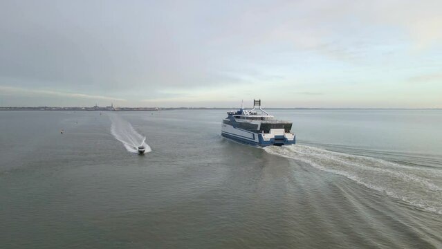 Aerial view of passenger and vehicle ferry at open sea, Harlingen, Netherlands