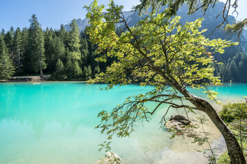 Turquoise lake Braies in the heart of the Dolomites, Italy