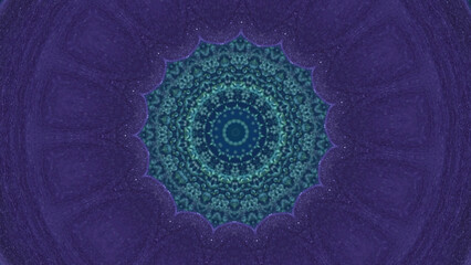 Glitter mandala. Paint kaleidoscope. Lotus design. Defocused purple blue color glowing sparkling ink water snowflake ornament motion abstract art background.