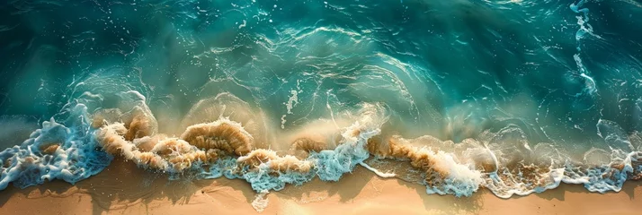 Fototapeten A mesmerizing aerial view of ocean waves gracefully dancing across the sandy shore, creating a harmonious blend of natures elements © nnattalli