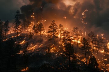 Fire in the woods. Disaster with fire in the pine forest.