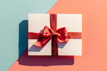 Weiße Karte mit roter Schleife vor farbenfrohem Hintergrund: Festliches Geschenkkonzept