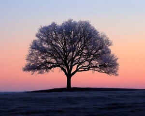 A large tree stands alone in a field at dusk. The sky is a deep blue with a few clouds, and the sun is setting in the distance