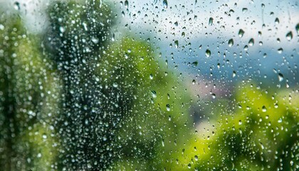 raindrops on the glass of window in summer with green trees outside background