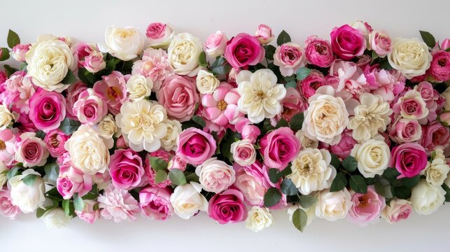 Beautiful arrangement of pink and white roses on top of a white wall in pattern