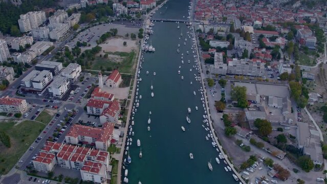 Aerial view of city Omis with cetina river during sunset, Dalmatia, Croatia