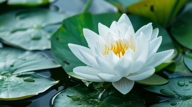Beautiful blooming white water lily lotus flower with green leaves in the pond. Nature background