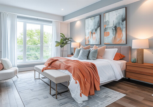 Positioned within an open-concept layout, the Scandinavian-inspired modern bedroom flowed effortlessly into the adjoining living and dining spaces, creating a cohesive and inviting home environment.