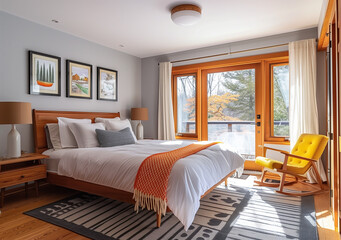 Enhanced by pops of color in artwork and décor accents, the Scandinavian-style modern bedroom added depth and personality to its minimalist design.