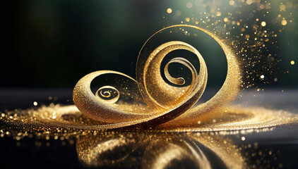 Golden snail metal ring, circle and spiral glittering glowing background decoration for fancy jewelry powder.