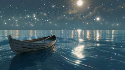 Under a canopy of countless moons, a solitary rowboat glides gracefully across a tranquil sea, its wake trailing behind like a ribbon of silver.

 - obrazy, fototapety, plakaty