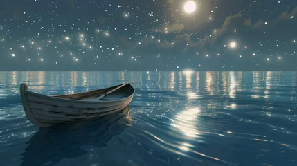 Foto op Plexiglas Under a canopy of countless moons, a solitary rowboat glides gracefully across a tranquil sea, its wake trailing behind like a ribbon of silver.   © Fatima