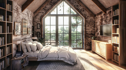Cozy Bedroom in Modern Home, Luxurious Bedding and Warm Wooden Tones, Comfortable and Stylish Interior