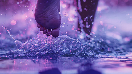 A close-up of a swimmer's feet kicking with precision, water splashes captured in mid-motion, against a dynamic purple backdrop, in realistic
