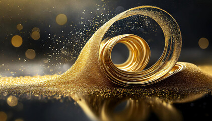 Golden swirl snail metal ring, circle and spiral glittering glowing background decoration for fancy jewelry powder.	