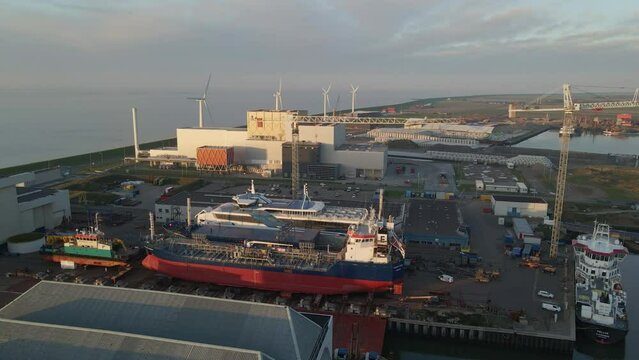 Aerial view of industrial shipyard during sunset, Harlingen, Netherlands