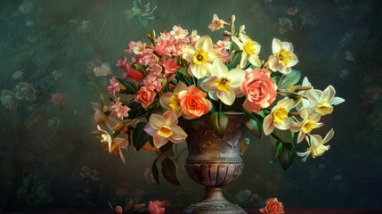 Bouquet with narcissuses and roses flowers in vintage metal vase. Blooming plants. Floral digital art