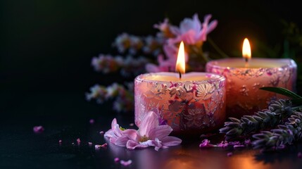 Obraz na płótnie Canvas Candles with flowers on black background