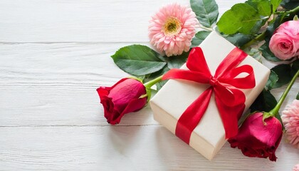 gift box and beautiful flowers on white background