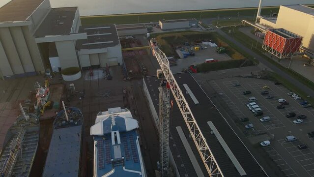 Aerial view of industrial shipyard during sunset, Harlingen, Netherlands