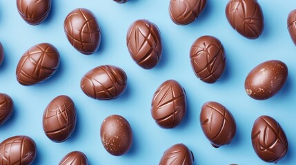 Chocolate easter eggs on blue background. Top view