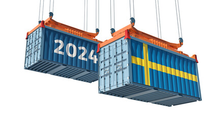 Trading 2024. Freight container with Sweden national flag. 3D Rendering  - 758825540