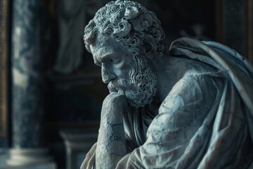 Mysterious ancient greek, roman male stoic statue, sculpture in dramatic lighting, shadows highlighting the impressive muscular build and classical beauty. 