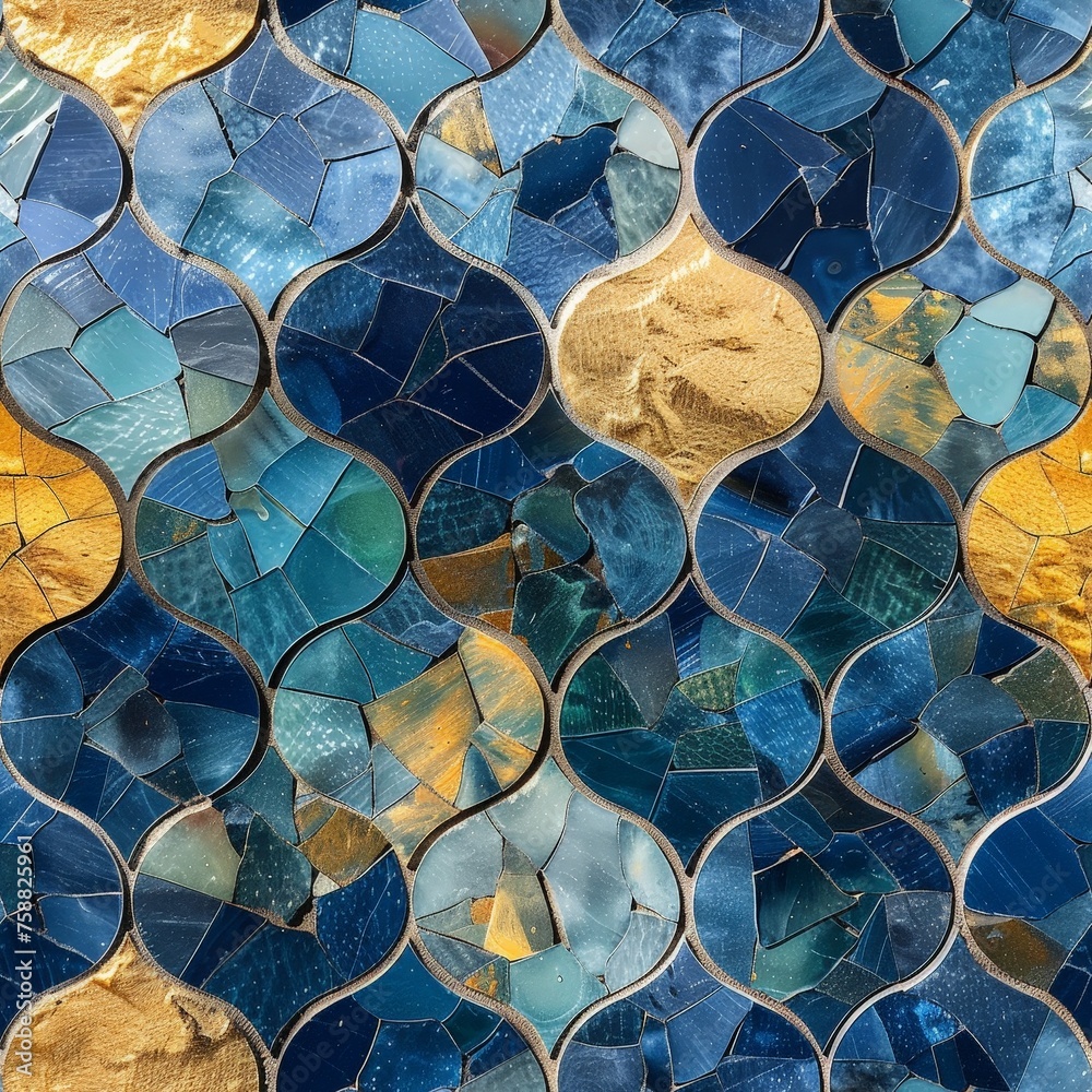 Aufkleber A close-up view of a vibrant mosaic tile featuring intricate patterns of blue and gold, creating a mesmerizing wave-like design