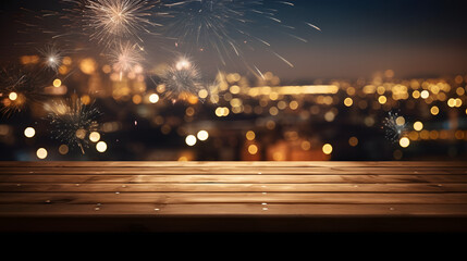 Empty wooden table in front of New Year background