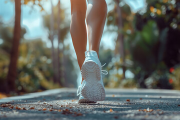 Legs of a female runner jogging in a park on an sunny afternoon
