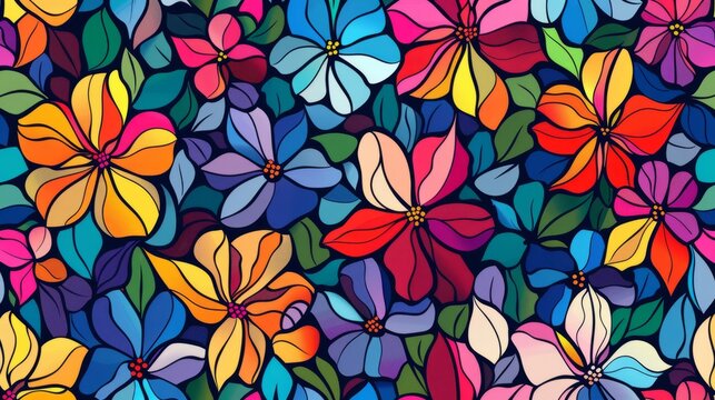Colorful seamless pattern with stained-glass mosaic wildflowers. Repetition floral background for textile fabric
