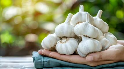 Hand holding garlic bulb on blurred background, perfect for garlic selection with text space