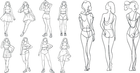 Contemporary woman bodies, hand drawn faceless girls fashion illustration set. Minimalist female body parts