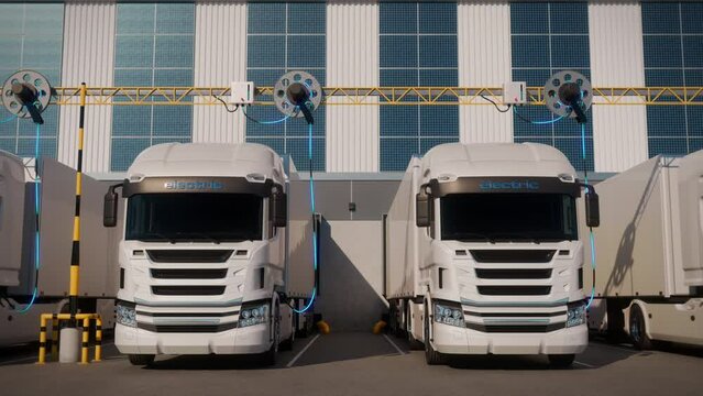 Generic electric semi trucks with cargo trailer charging at loading docks of warehouse or logistics center with solar facade. Decarbonisation and sustainable logistics concept. 3d animation rendering