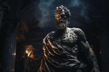 Obraz premium Mysterious ancient greek, roman male stoic statue, sculpture in dramatic lighting, shadows highlighting the impressive muscular build and classical beauty. 