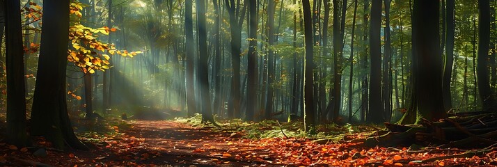 An atmospheric forest scene with dappled sunlight filtering through the trees, illuminating a path lined with fallen leaves - obrazy, fototapety, plakaty