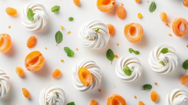 Delicious apricots and meringue dessert on a white background, top view, fresh fruit and sweet treat concept