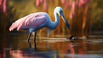 Tranquil Waters, Graceful Stroll: A Spoonbill Wades Through Serenity, Its Elegant Form Reflected in the Calm Ripples, Capturing the Sublime Harmony of Wetland Life.






 - obrazy, fototapety, plakaty