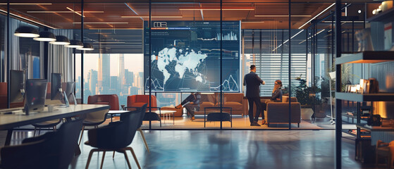 High-tech office with professionals analyzing data on a large interactive display.