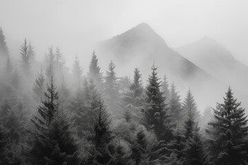 Foggy forest and a mountain in the background