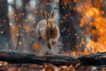 Hare running with burning forest on background.