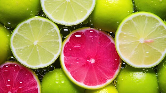 A close-up image showcasing sliced limes and a pink grapefruit with water droplets, illustrating freshness and the natural vibrancy of fruit, ideal for health and nutrition themes